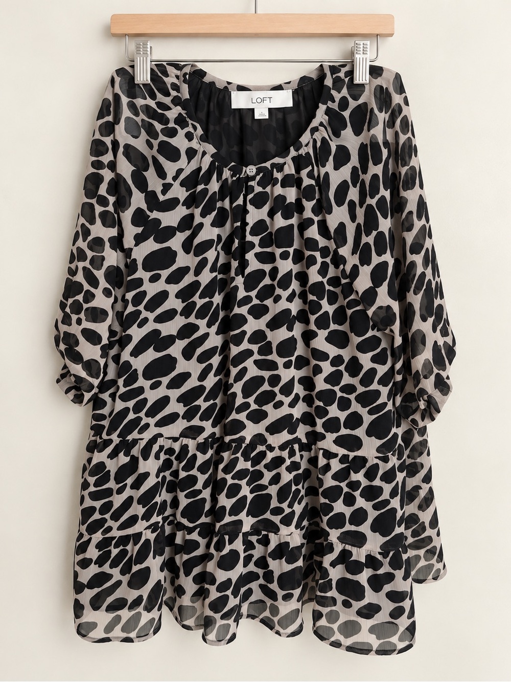 LOFT Black and Cream Spotted Tiered Mini Dress